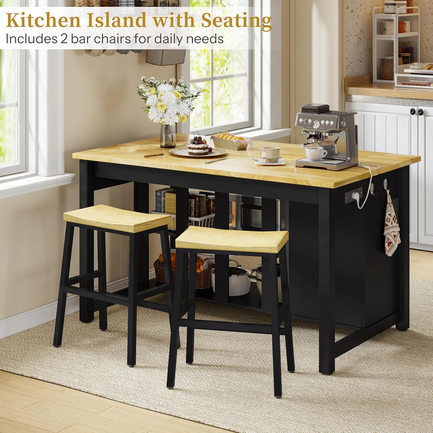 DynJest Kitchen Island with Storage and Seating Include 2 Bar Stools, Black | 47" Solid Rubberwood Island Table with Trash Can Storage, Power Outlets, 2 Drawers & Open Shelves Cabinet, Dining Table for 2