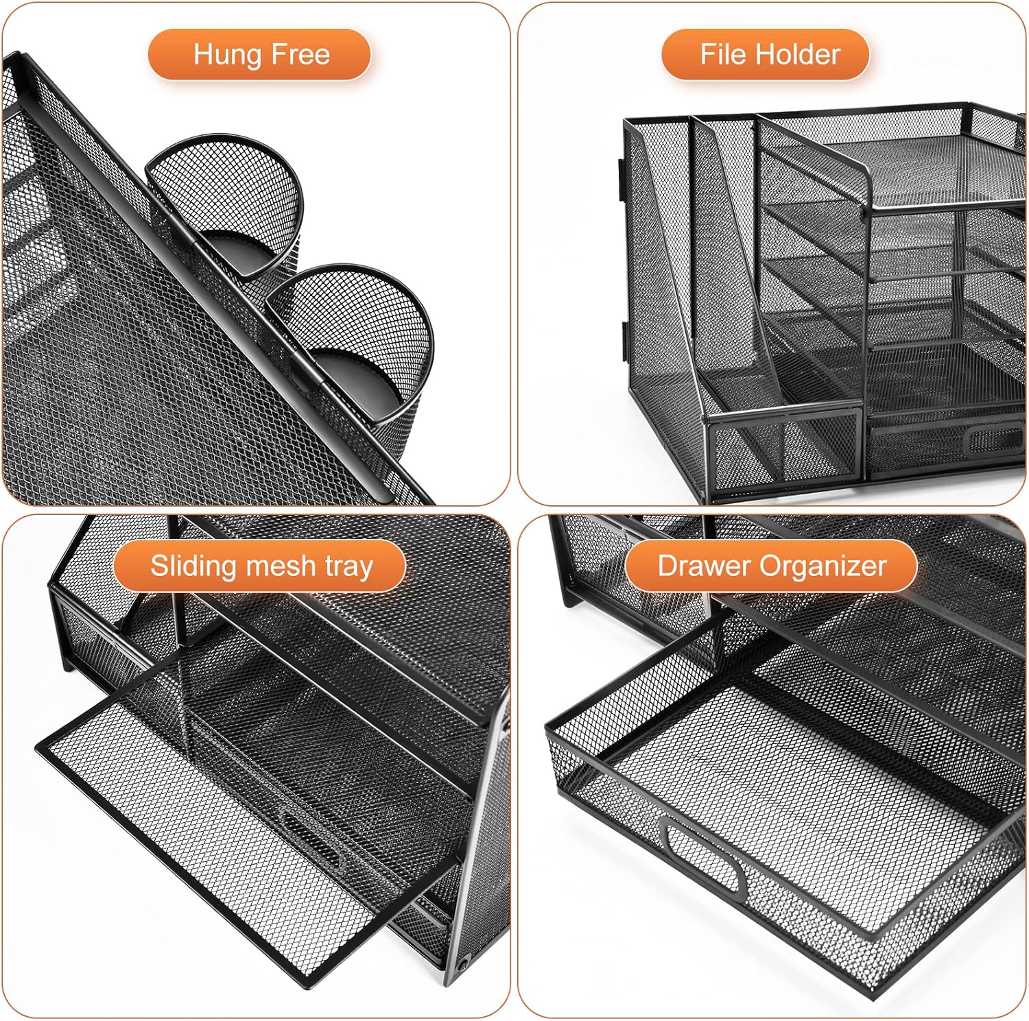Marbrasse Desk Organizer with File Holder, 5-Tier Paper Letter Tray Organizer with Drawer and 2 Pen Holder, Mesh Desktop Organizer and Storage with Magazine Holder for Office Supplies(Black)