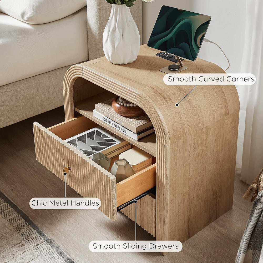 T4TREAM 24" Fluted Nightstand Set of 2 with Charging Station, Natural Oa...