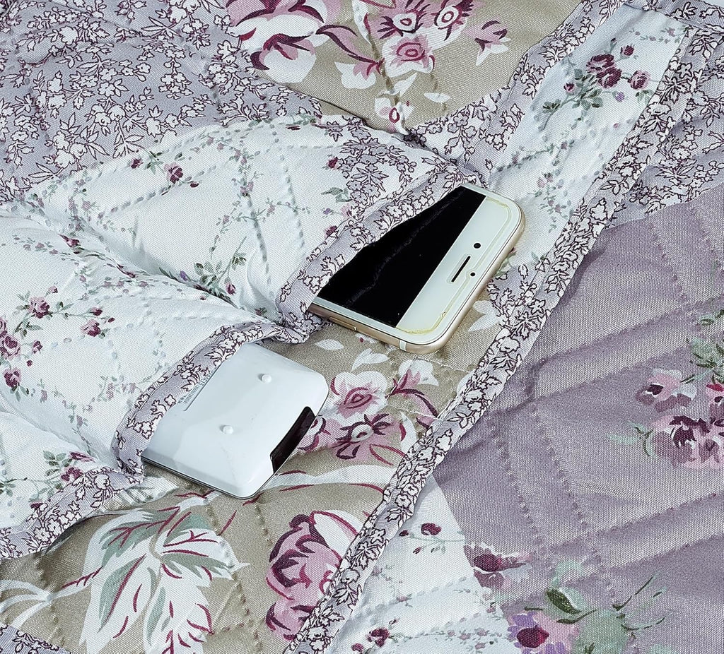 Brilliant Sunshine Lilac Rose Patchwork Couch Armrest 5 Pockets Organizer, Slip Resistant Recliner Armchair Caddy, Washable Remote Controls Holder, Storage for Magazine, Tablet, Phone, iPad, Lilac