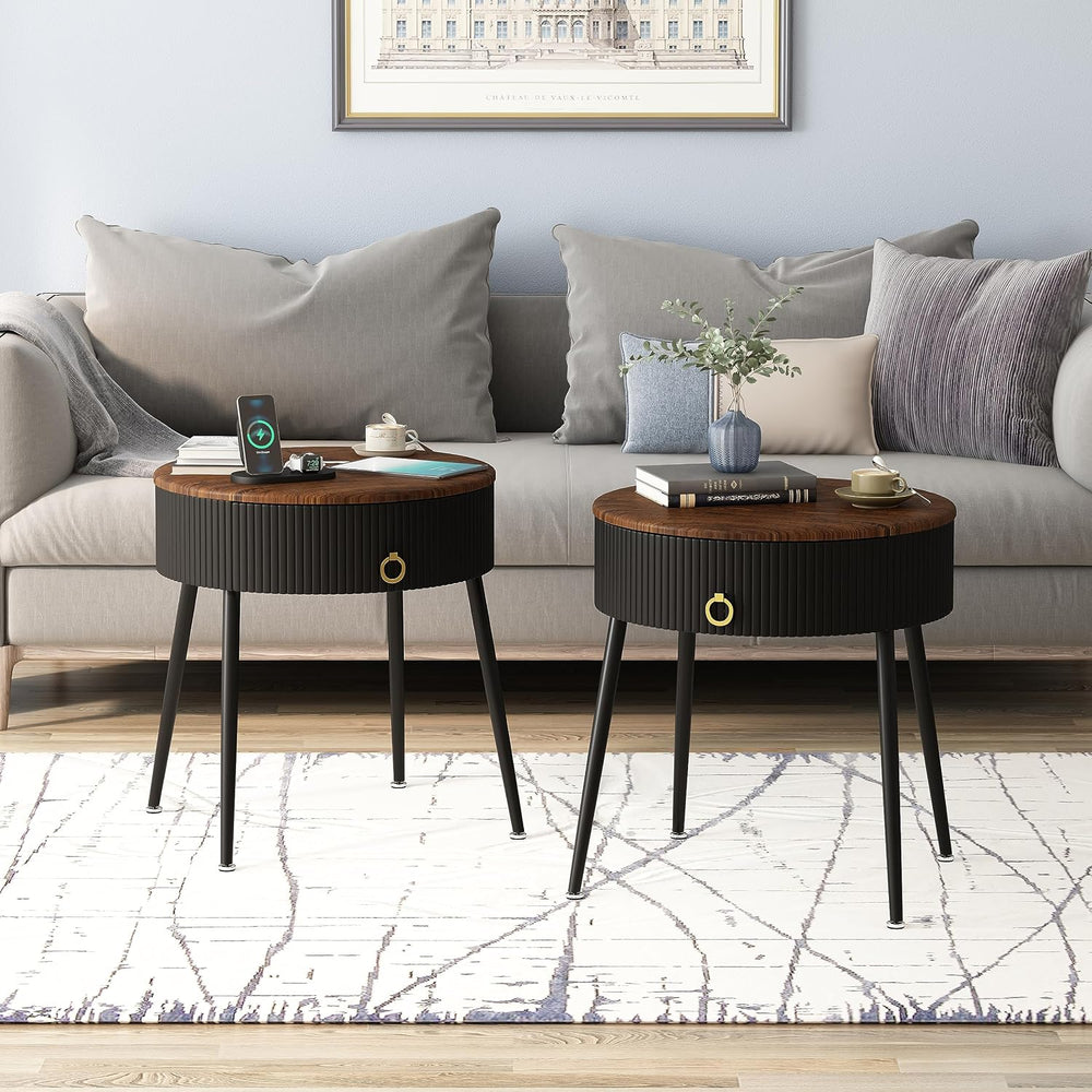 OIOG End Tables Set of 2, Wood Grain Bedside Tables with Drawer, Black
