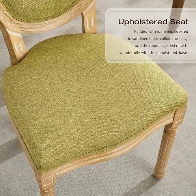 Linen Upholstered Dining Chairs Set of 2 French Country Oval Fabric Back Kitchen Side Chair with Wood Legs for Dining Room, Kitchen, Restaurant(Olive Green-Fabric)