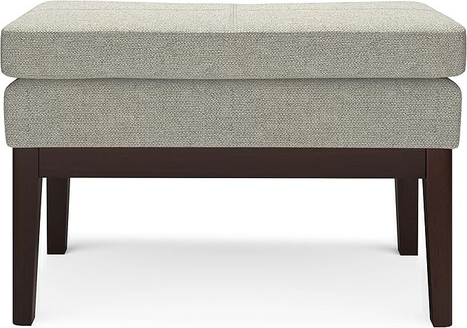 SIMPLIHOME Carlson 27-inch Wide Linen-Look Fabric Small Ottoman Bench in Greige with Solid Wood Frame for Living Room, Entryway, or Bedroom
