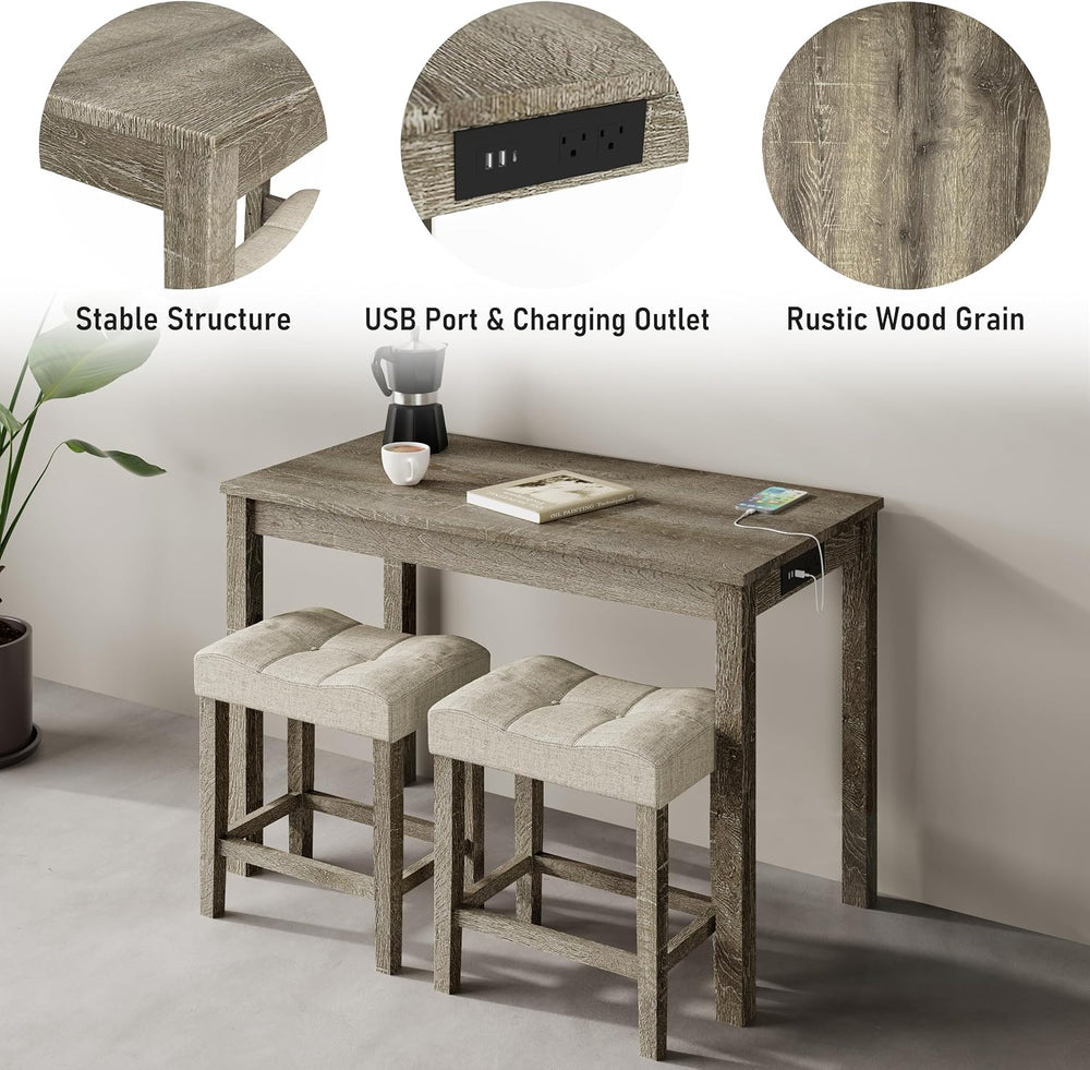 allamazing 3-Piece Counter Height Bar Table Set with Socket and 2 Fabric Padd...
