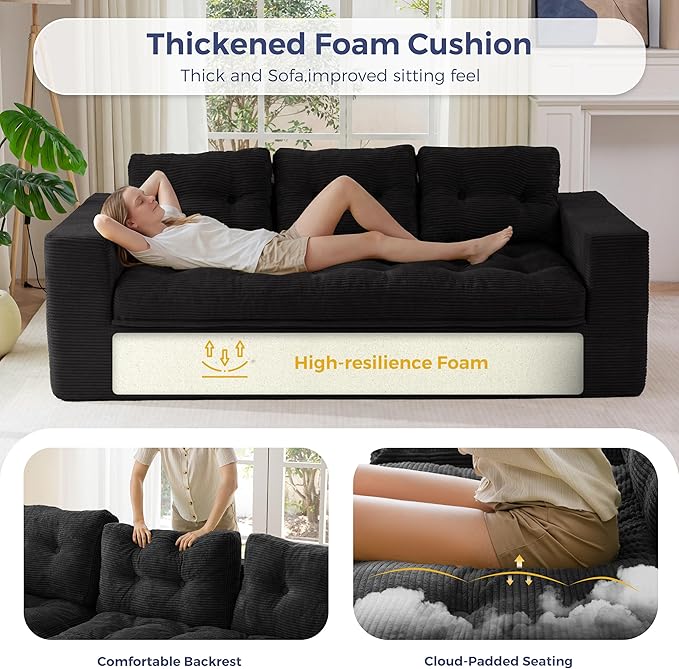 MAXYOYO 79" Loveseat Sofa Couch for Small Spaces, Upholstered Boneless Cloud Couch for Apartment Bedroom, 2-Seater Love Seat Floor Modern Sofa with Pillows, No Assembly Required, Black