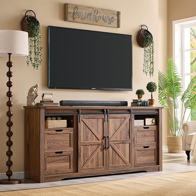 JXQTLINGMU Farmhouse Fireplace TV Stand for 80 Inch TV, 32" Tall Entertainment Center w/Drawer & Sliding Barn Door, 70 Inch Highboy Media Console for Living Room, Brown