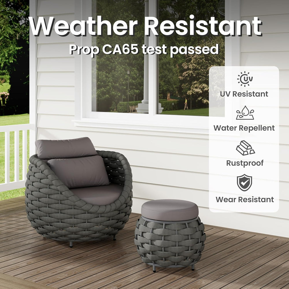 Round Patio Ottoman: Woven Textilene Rope Footstool with φ15.8'' Cush...