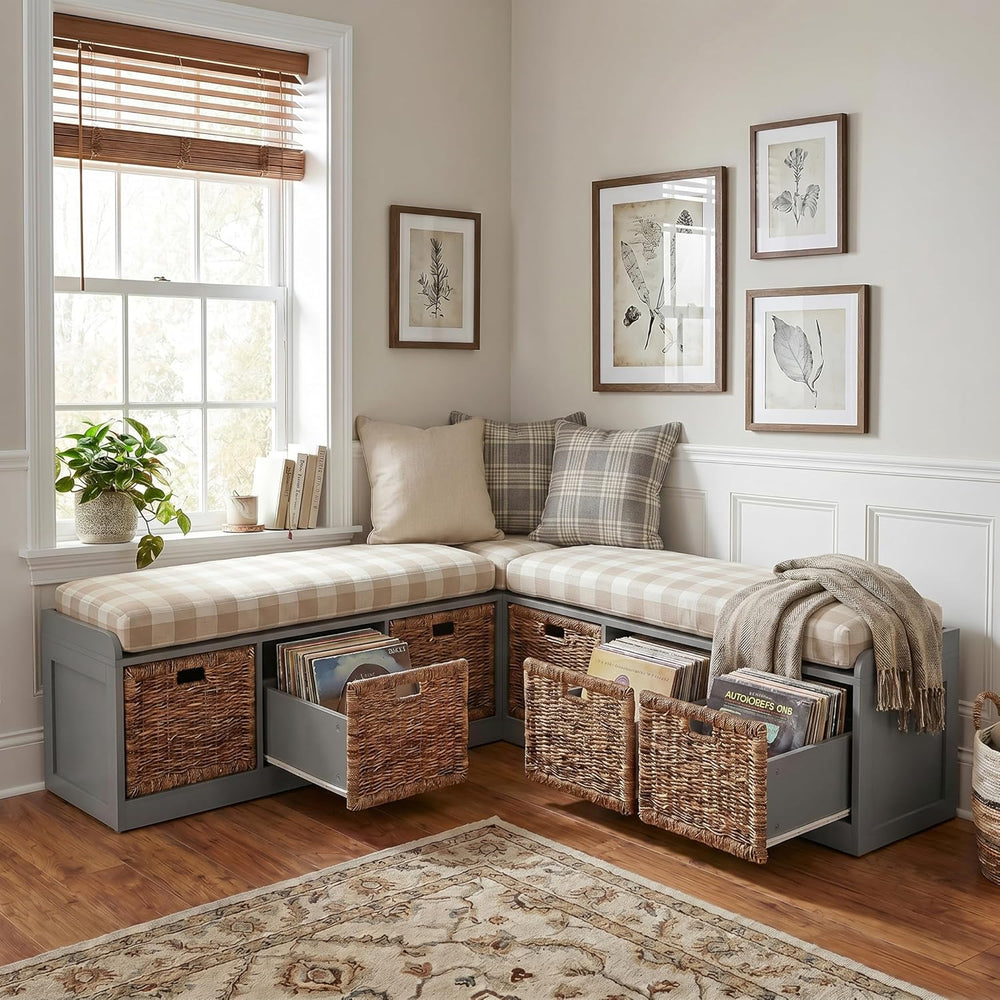 L-Shaped Storage Bench, 63" Corner Entryway Window Bench with 6 Strorage...