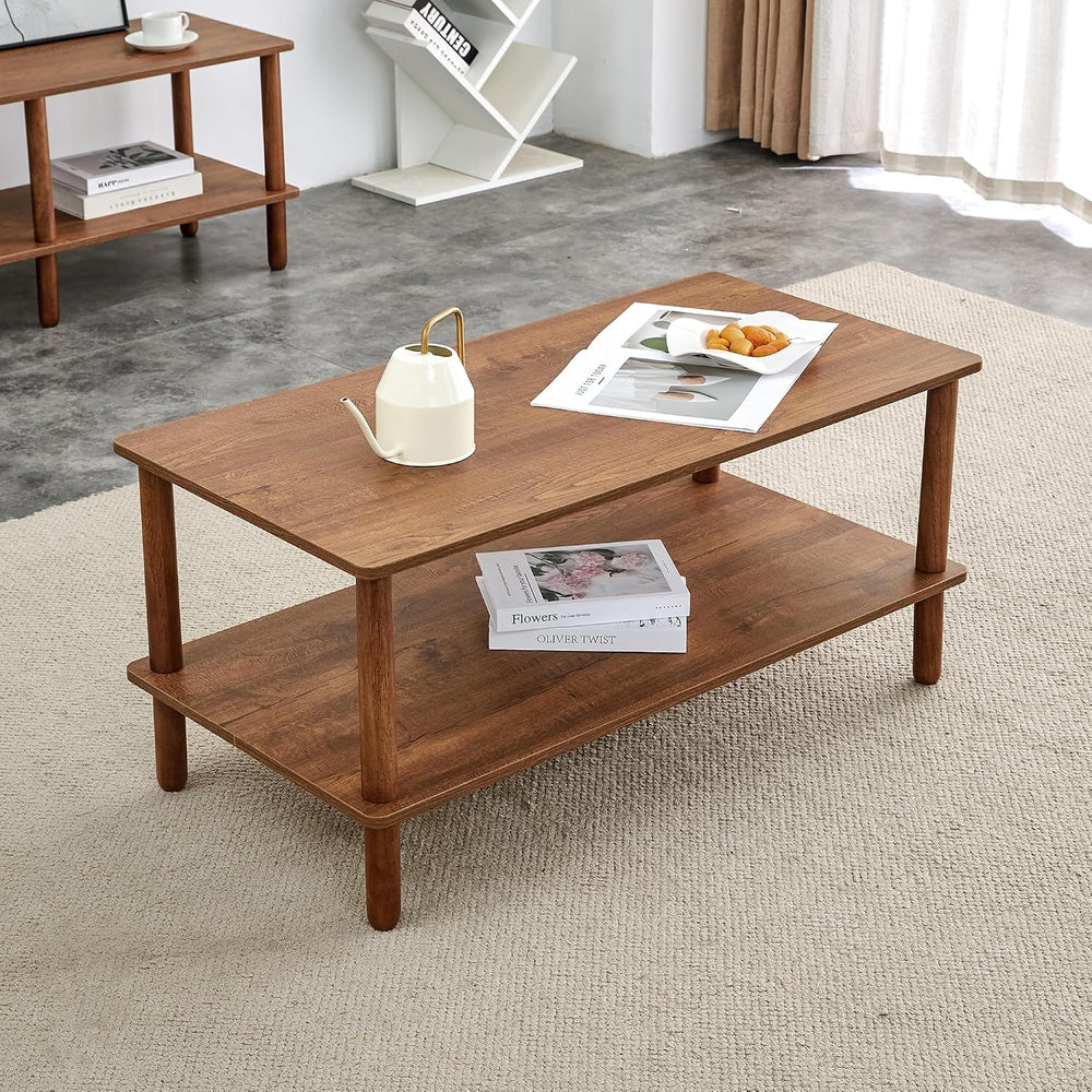 Modern Double-Layer Living Room Coffee Table, Rectangular Center Table with O...