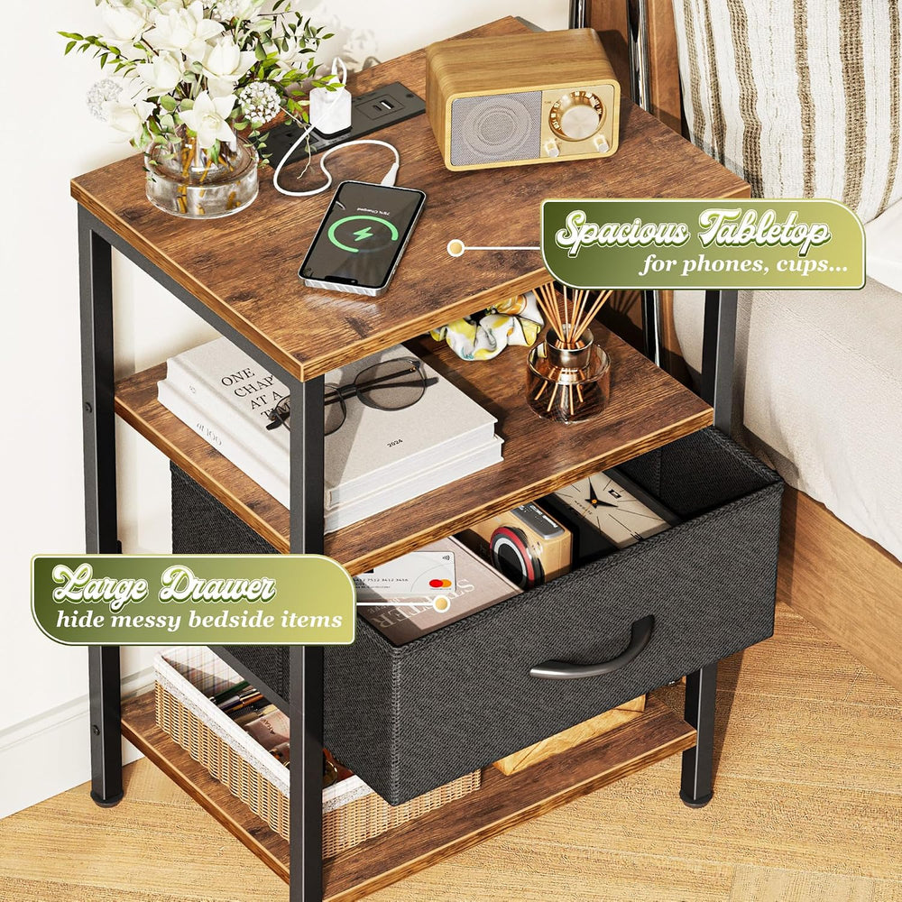 SUPERJARE Nightstand with Charging Station, Bed Side Table with Adjustable Fa...