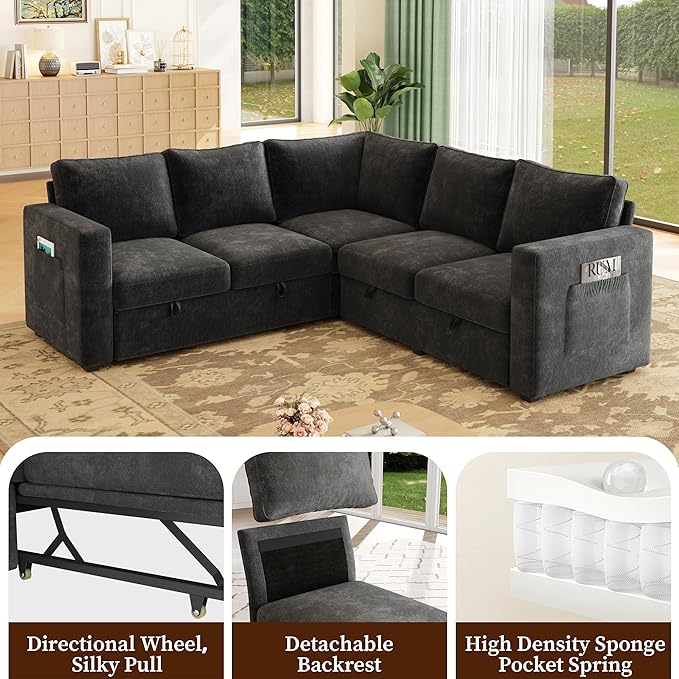 83.5" Sectional Sleeper Sofa with Pull Out Couch, Modern 5 Seat L Shaped Modular Couch, Sectionals Modular Sofa with Storage, Comfy Sectional Couches for Living Room & Apartment, Dark Gray