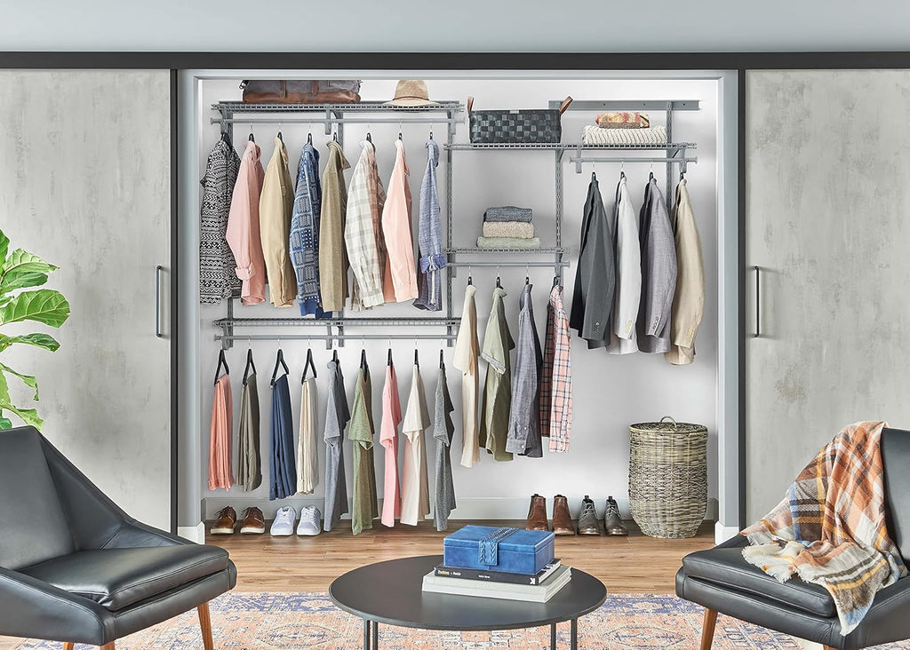ClosetMaid ShelfTrack Wire Closet Organizer System, Adjustable from 5 to 8 Ft., With Shelves, Clothes Rods, Hardware, Durable Steel, Satin Chrome