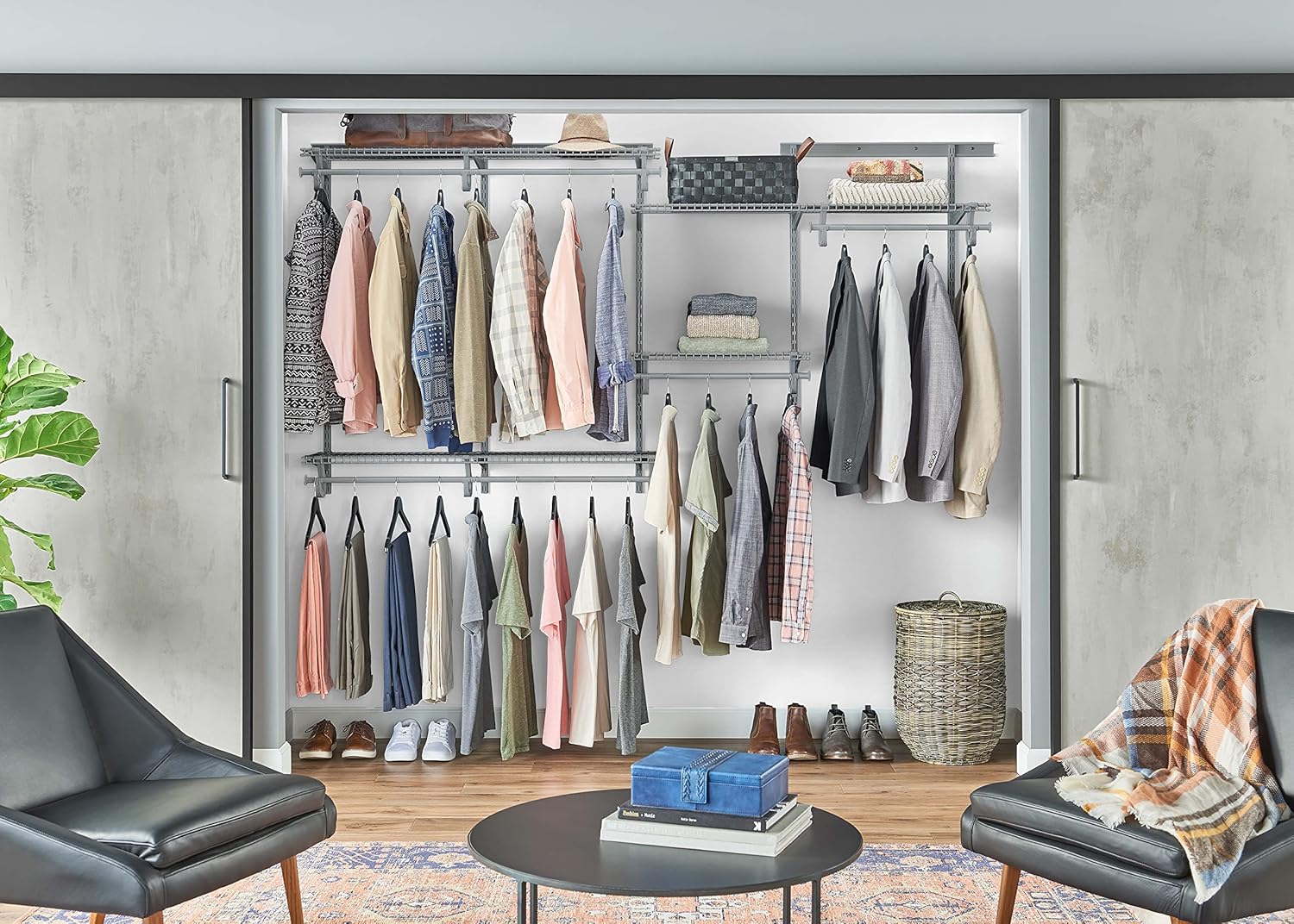 ClosetMaid ShelfTrack Wire Closet Organizer System, Adjustable from 5 to 8 Ft., With Shelves, Clothes Rods, Hardware, Durable Steel, Satin Chrome