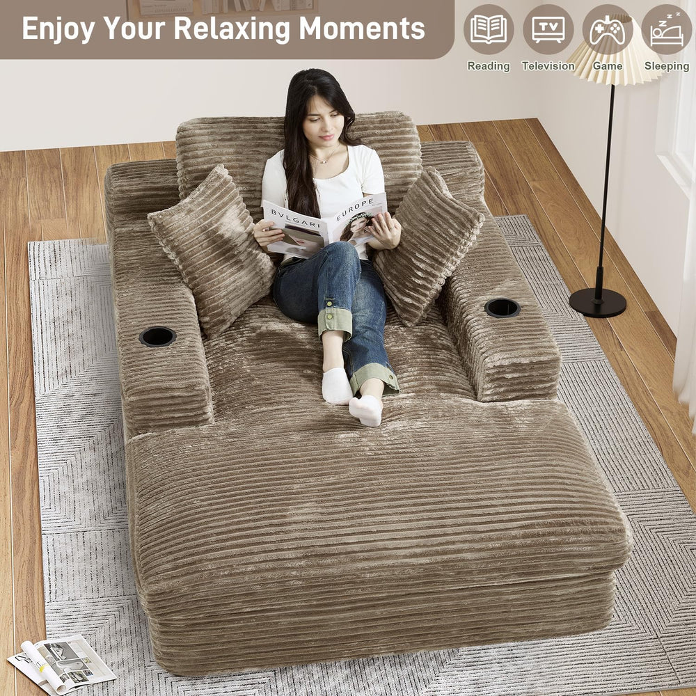 75.9"D Oversized Chaise Lounge Chair Indoor with Cup Holders,Dark Camel ...