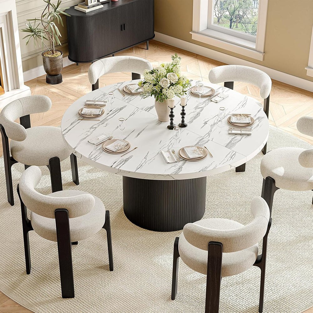 47 Inch Round Dining Table for 4, Circle Kitchen Table with Wood Strip Base, ...