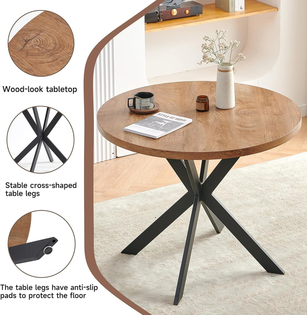 37" Round Table Set for 4, Mid Century Modern Small Kitchen Table Set, Space Saving, Dinette for Home, Apartment, Dining Room (Imitation Wood Table+ 4 Navy Blue Velvet Chairs)