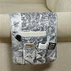 Brilliant Sunshine Grey Flowers Patchwork Couch Armrest 5 Pockets Organizer, Slip Resistant Recliner Armchair Caddy, Washable Remote Controls Holder, Storage for Magazine, Tablet, Phone, iPad, Grey