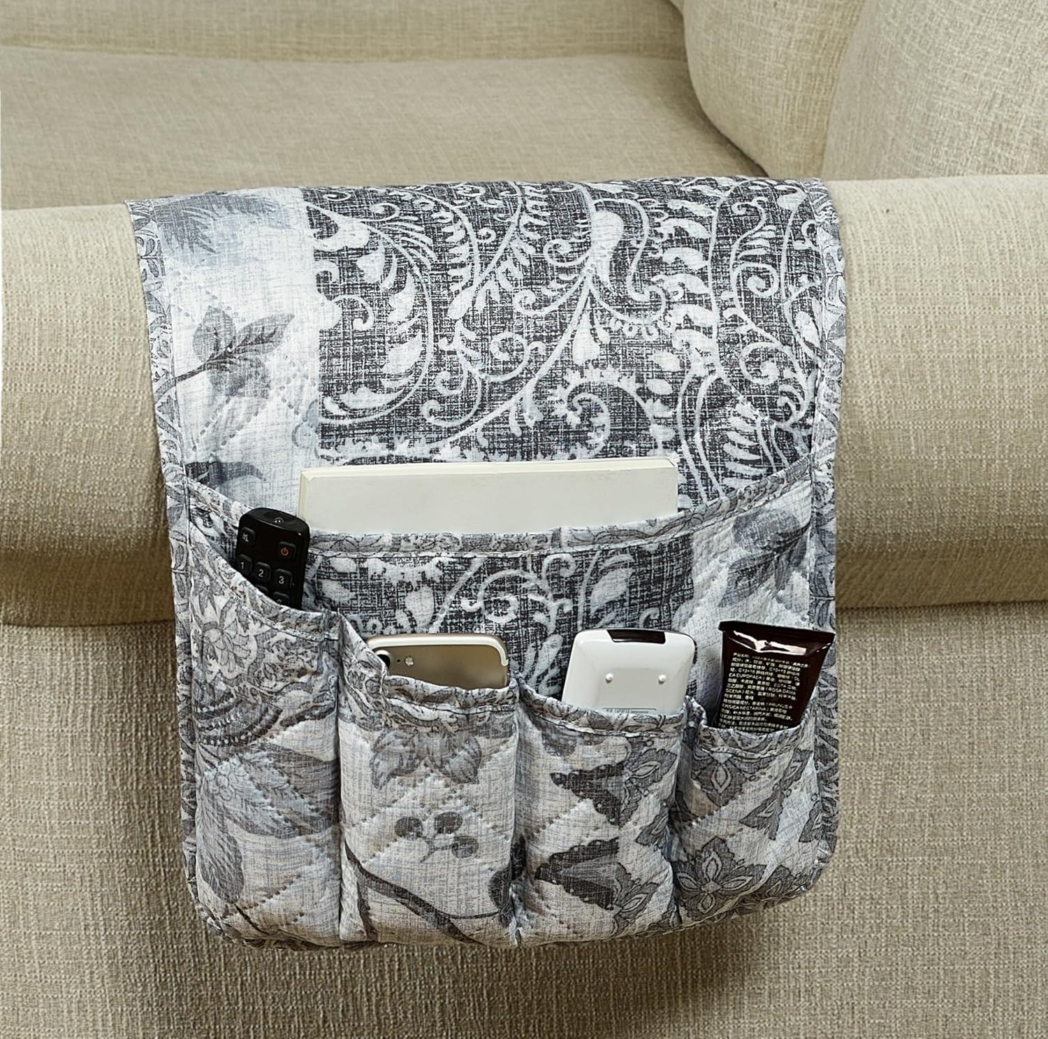 Brilliant Sunshine Grey Flowers Patchwork Couch Armrest 5 Pockets Organizer, Slip Resistant Recliner Armchair Caddy, Washable Remote Controls Holder, Storage for Magazine, Tablet, Phone, iPad, Grey