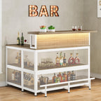 L-Shaped Home Bar Unit, Bar Table with Storage, Brown & White | Wine Glasses Holder and LED Light, Kitchen & Dining Counter Tables for Home, Pub
