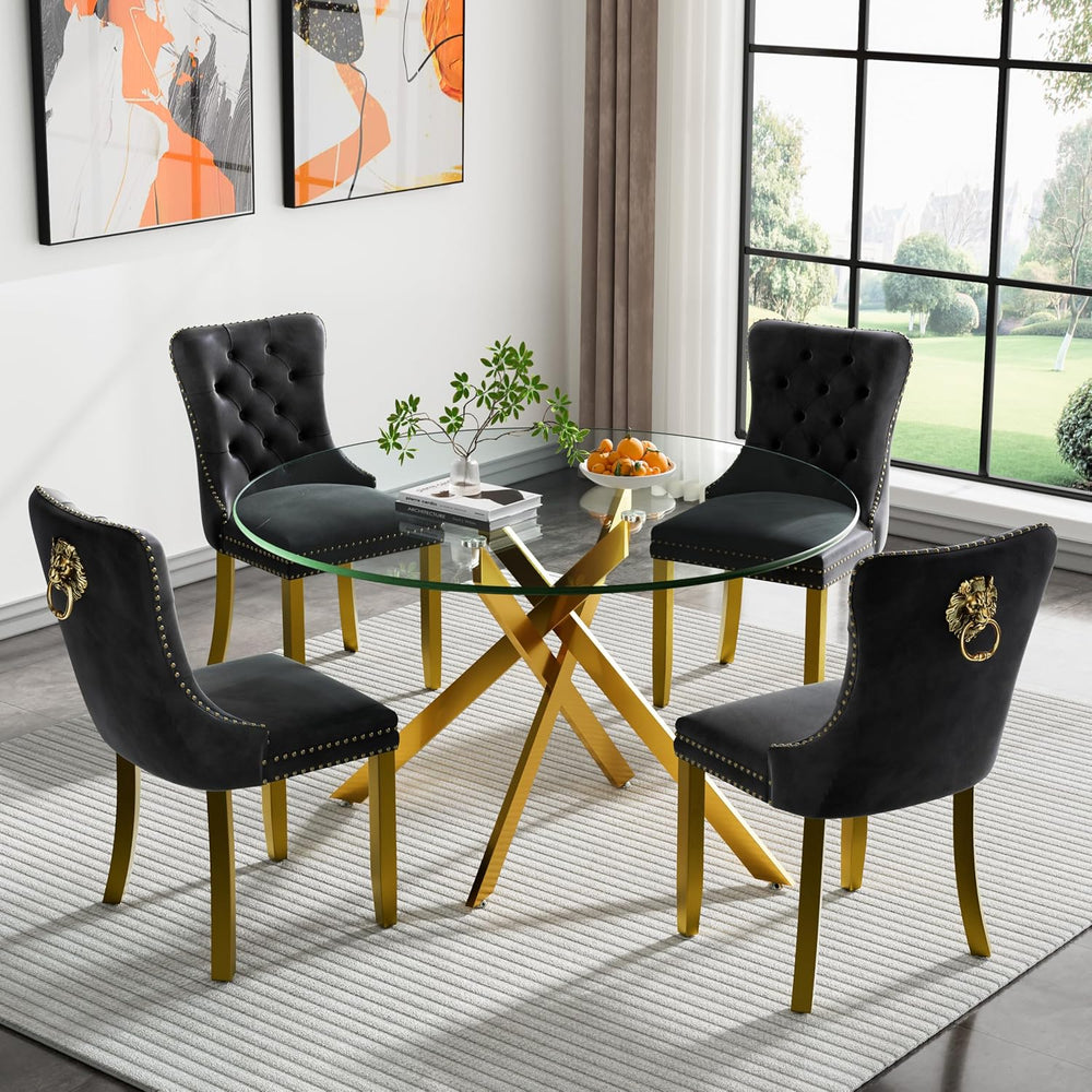 Modern 5-Piece Round Glass Dining Table Set for 4, Modern 47" Gold Glass...