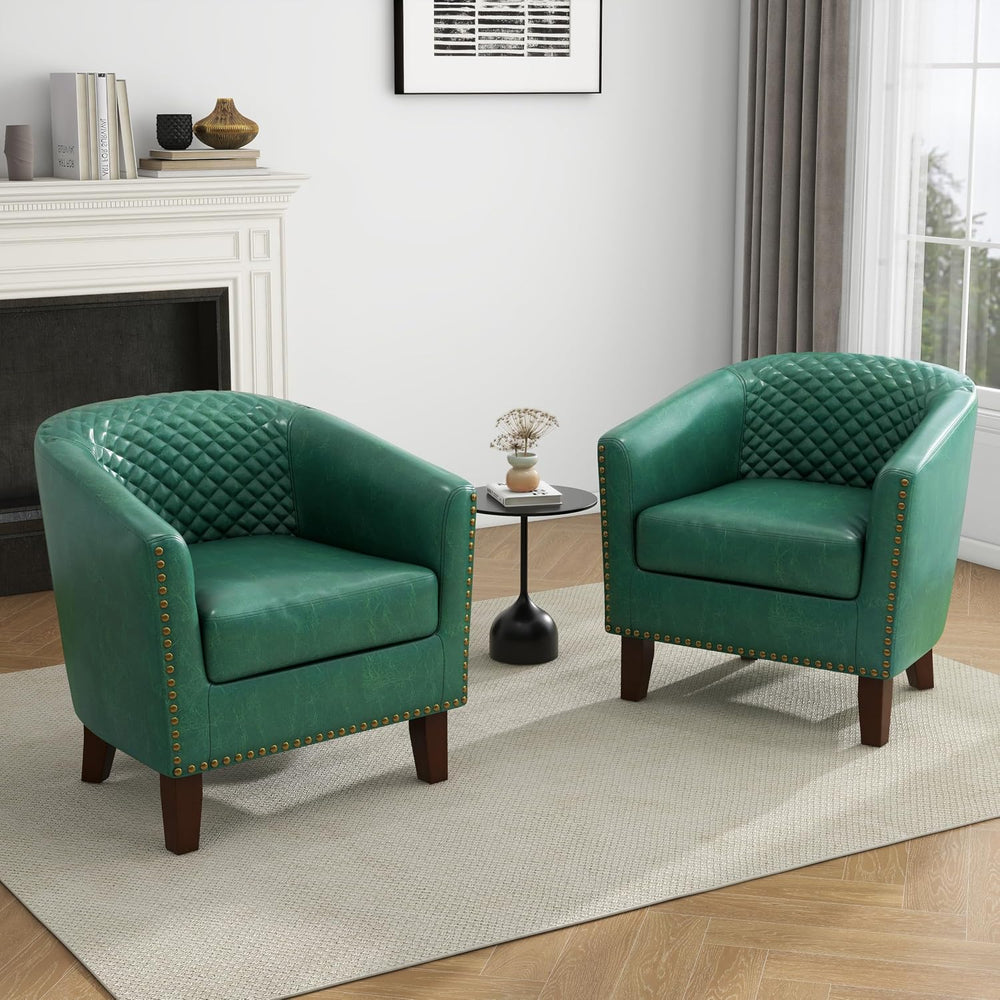 PU Leather Barrel Accent Chairs Set of 2, Upholstered Armchair, Green