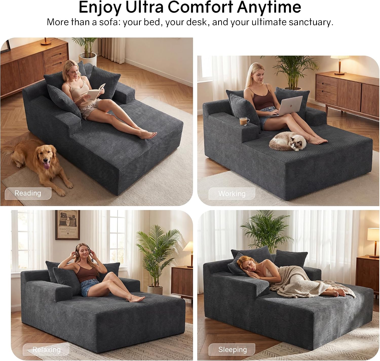 66" Chaise Lounge Chair Indoor, Oversized Boneless Lounge Chair with 3 Pillows, Cloud Reading Chair for Living Room Bedroom, Deep Seat Sleeper Couch, No Assembly Required