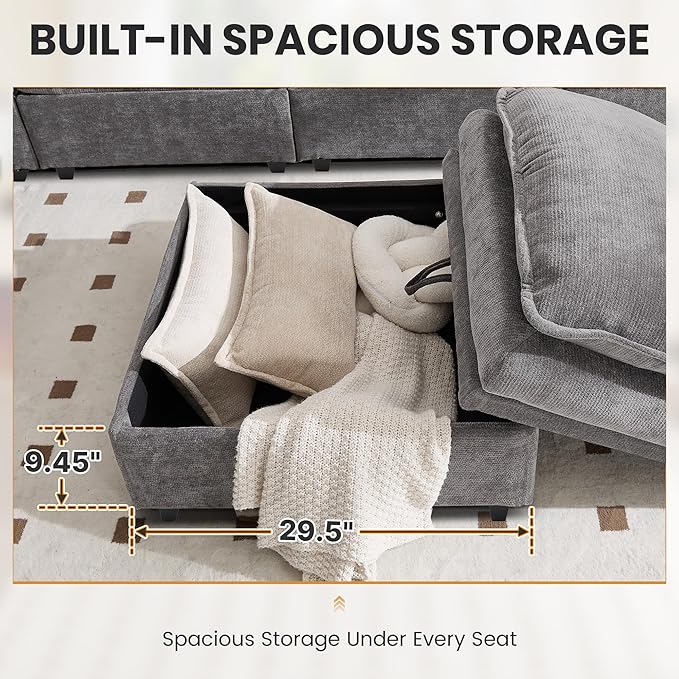 130" U Shaped Modular Sectional Sofa, Couch with Ottoman Storage, Chenille Cloud Couch with Plush Deep Seating for Living Room, Bedroom (Light Grey, 9 Seat)
