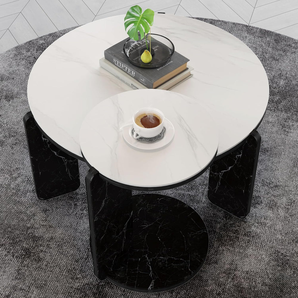 Set of 2 Round Nesting Coffee Table for Small Place, living room end table wi...