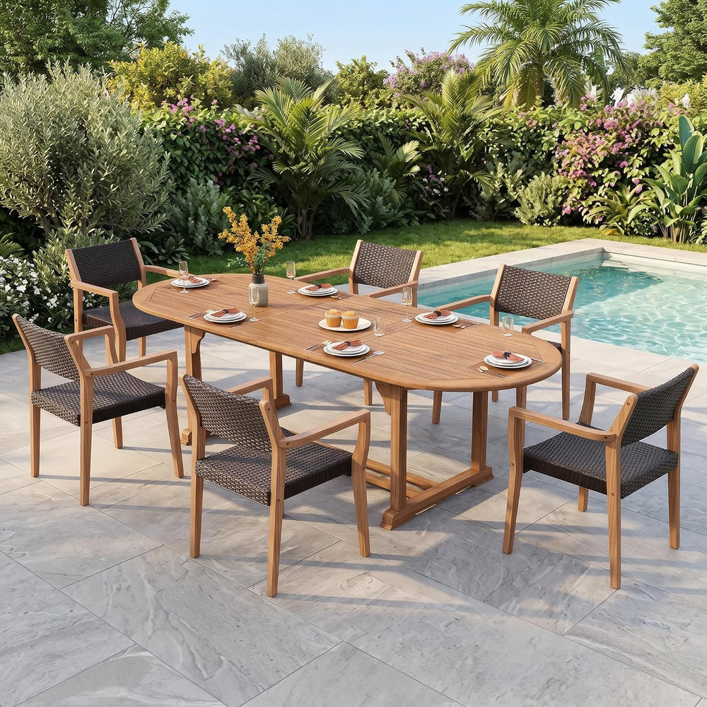 PHI VILLA Patio Acacia Wood Dining Chairs w/Wicker Seat & Back, 2 PCS