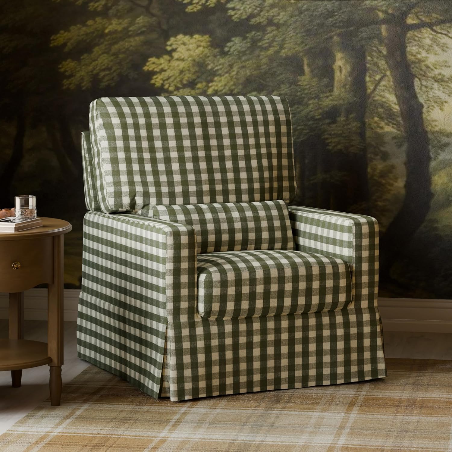 Namesake Crawford Glider Recliner, Green Gingham | 360° Swivel Ultra Cozy Glider Rocker for Feeding & Relaxing w/ Lumbar Pillow - GREENGUARD Certified - For Nursery/Living Room