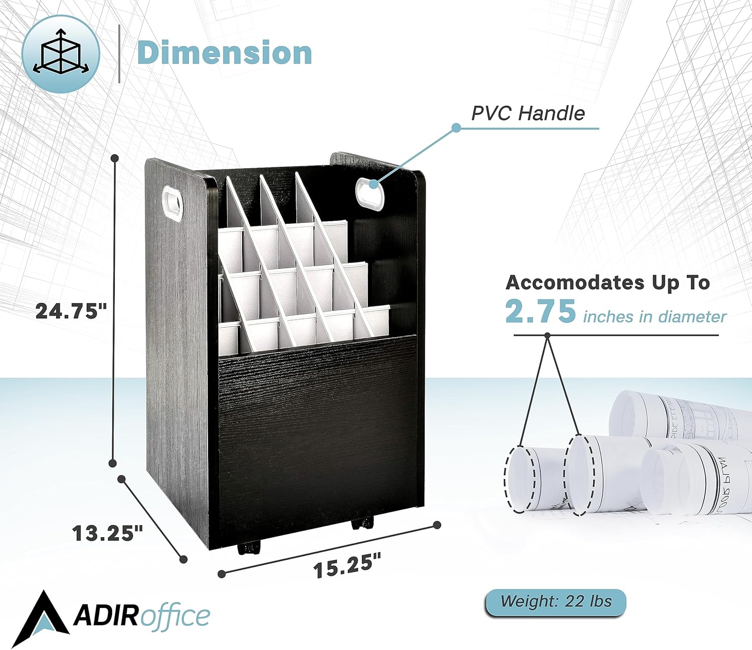 AdirOffice Adir Blue Print Storage Organizer - Mobile Roll File Cart, Construction Plan Holders, Blueprint Cabinet with Wheels, Roll Files Storage for Office and Home (20 Slots, Black)