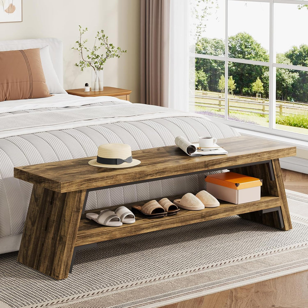 47 inch Entryway Bench, Wood Entry Bench for Shoe Storage, 2-Tier Modern Farm...