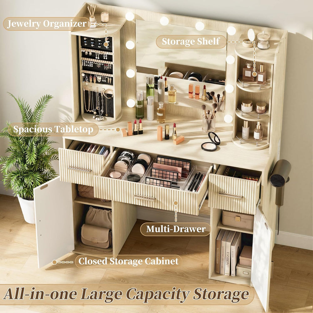 EasyCom Makeup Vanity Desk with Lights, Mirror and Jewelry Storage, Oak | USB...