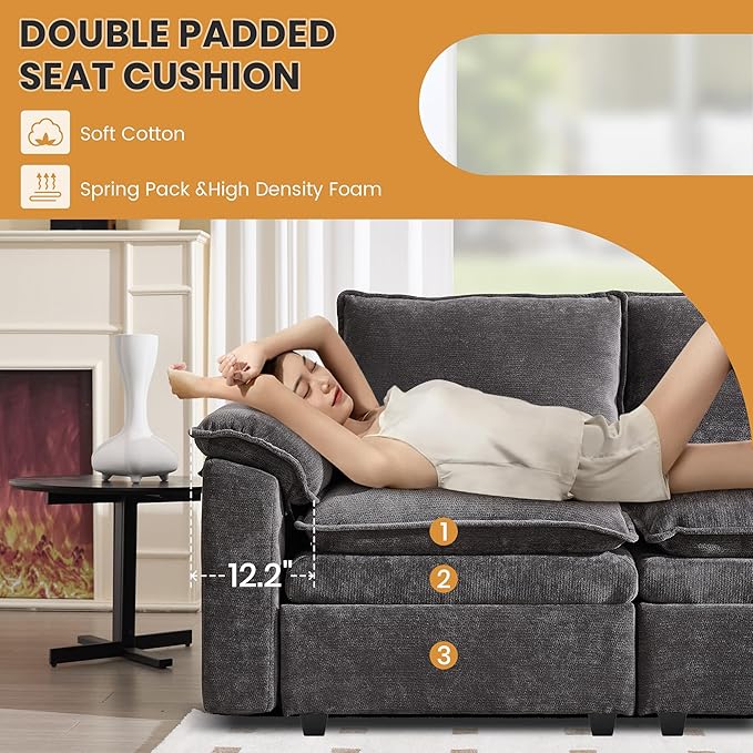 130" U Shaped Modular Sectional Sofa, Couch with Ottoman Storage, Chenille Cloud Couch with Plush Deep Seating for Living Room, Bedroom (Grey, 9 Seat)