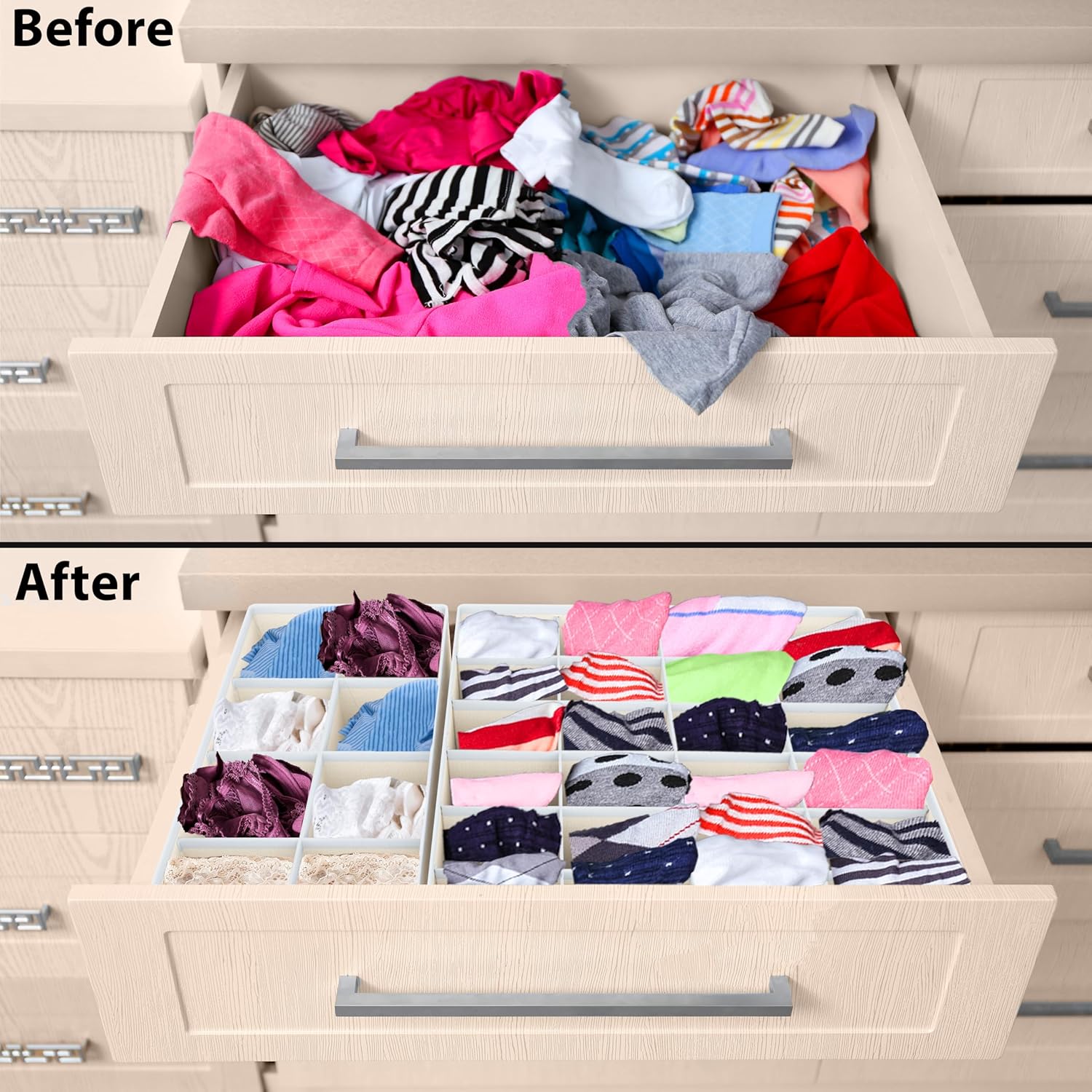 Simple Houseware 4-Pack Drawer Organizer Set - Closet Dividers for Underwear, Socks, Bras, Scarves, Ties - Foldable Non-Woven Storage Boxes, Beige