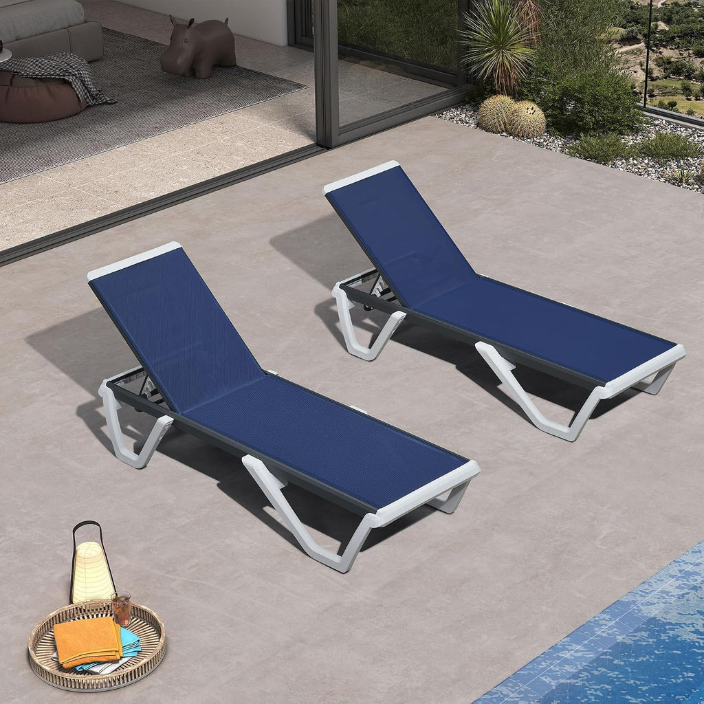 PURPLE LEAF Pool Lounge Chairs Set of 2 Chaise Lounge w/Wheel, Navy Blue | 5 Angles Perfect Comfort, Side Table Holds Drinks & Snacks, Flexible Sets Fit Any Layout, Silent Wheels for Easy Moving