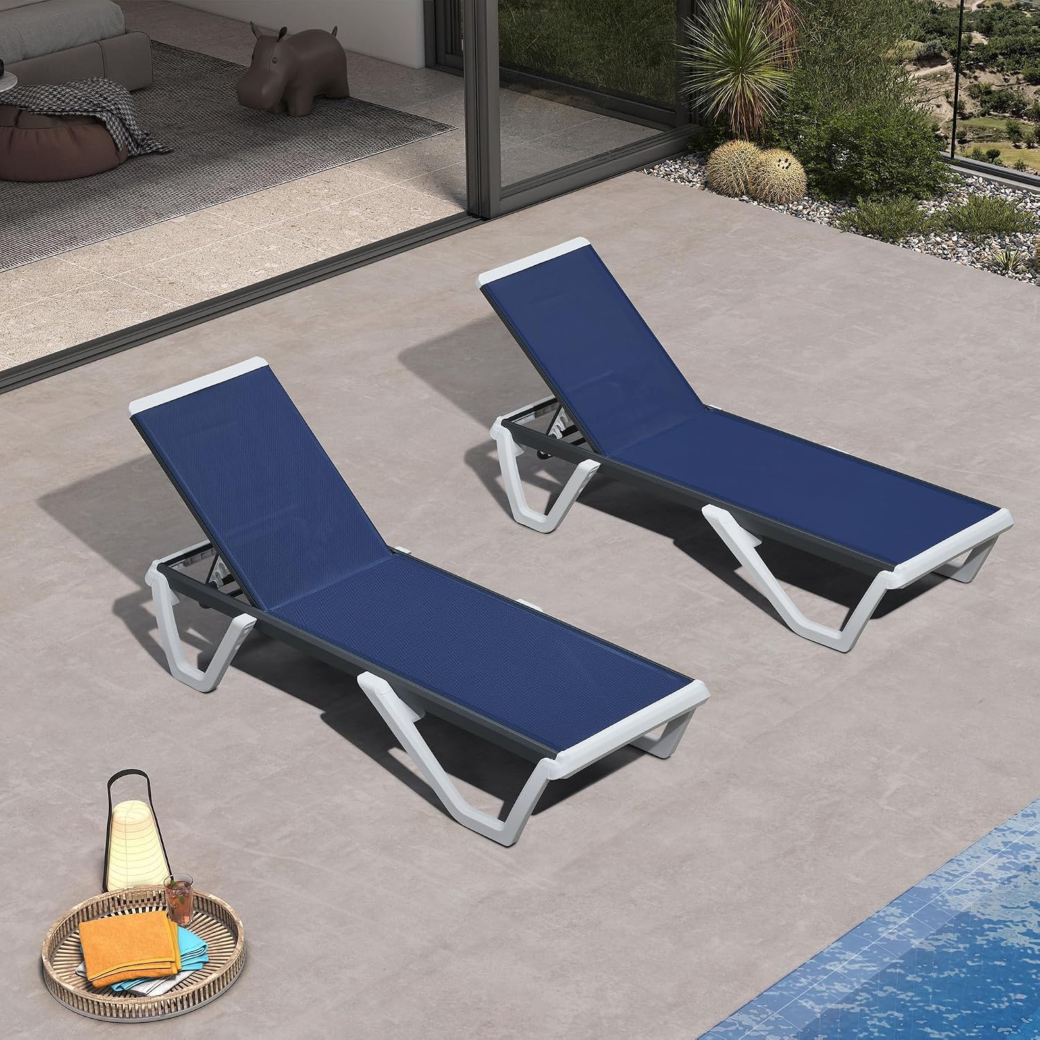 PURPLE LEAF Pool Lounge Chairs Set of 2 Chaise Lounge w/Wheel, Navy Blue | 5 Angles Perfect Comfort, Side Table Holds Drinks & Snacks, Flexible Sets Fit Any Layout, Silent Wheels for Easy Moving