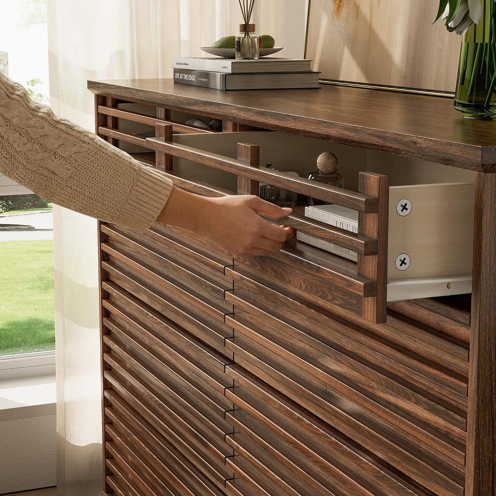 52"W Walnut 8 Drawer Dresser with LED Lights Fluted Dresser for Bedroom