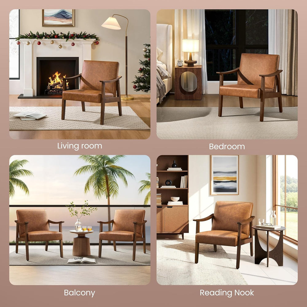 Yaheetech Accent Chairs Set of 2, Mid-Century Faux Leather Armchairs Brown | ...