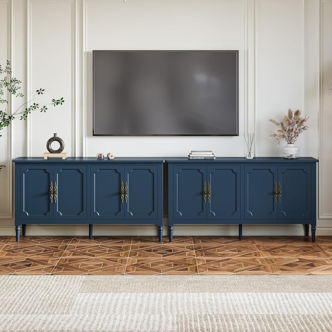 RoyalCraft Buffet Sideboard Table 2 pcs, 59'' Mid Century Modern Console Table, Media Cabinet with 4 Doors, Accent Cabinet Wood Sideboard, for Entryway, Living Room, Dining Room, Navy Blue