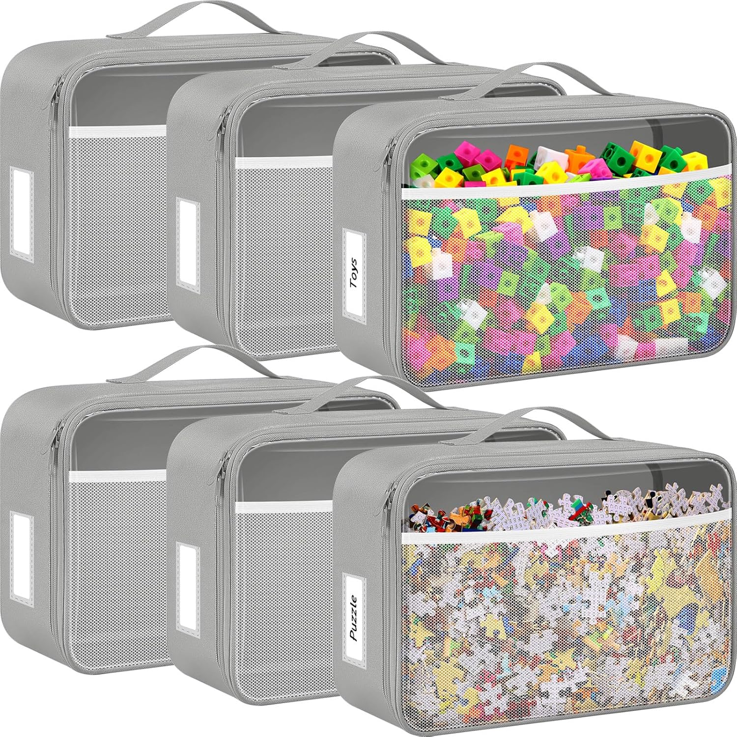 Abbylike 6 Pack Toy Storage Bag Bricks Building Set Car Toy Organization Bags for Traveling Carrying Case, Storage Organizer Puzzles(Gray)