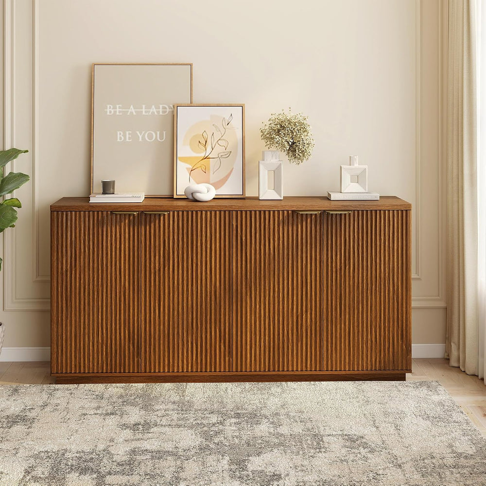 Fluted Sideboard Buffet Cabinet, 63" Wooden Credenza Storage Cabinet wit...