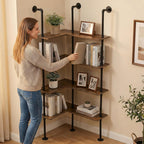 Industrial Pipe Corner Bookshelf, Wall Ladder Shelves/Shelving/Bookcase | 4 Tiers Wood Floating Shelf, Heavy Duty L Shaped Metal Pantry Shelving Rack for Living Room, Bedroom, Home, Office, Kitchen