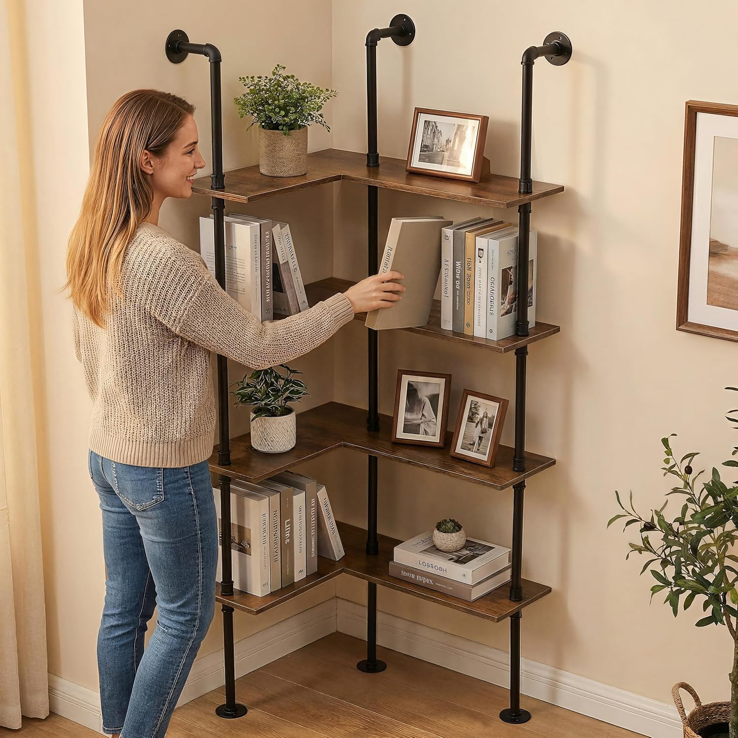Industrial Pipe Corner Bookshelf, Wall Ladder Shelves/Shelving/Bookcase | 4 Tiers Wood Floating Shelf, Heavy Duty L Shaped Metal Pantry Shelving Rack for Living Room, Bedroom, Home, Office, Kitchen