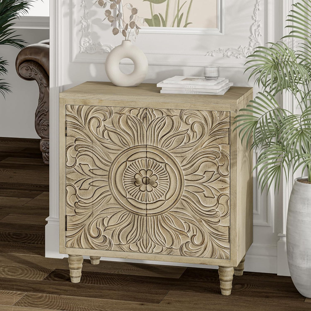 COZAYH Distressed Storage Cabinet with Carved Flower, Weathered White