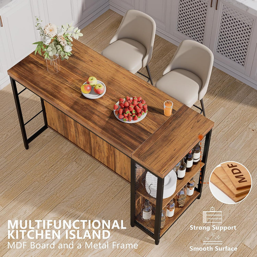 55" Kitchen Island with Seating & Storage, Farmhouse Island Table wi...