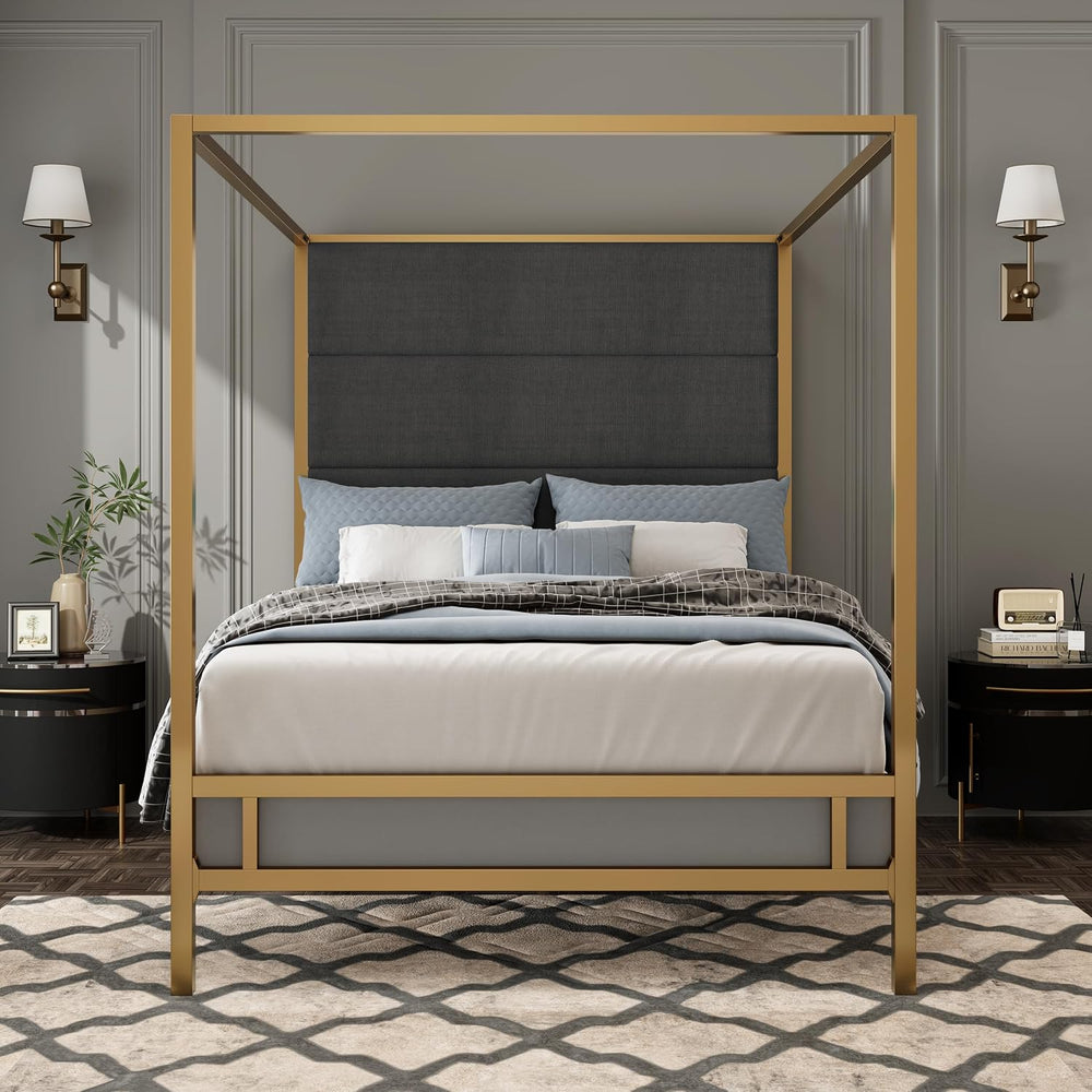 King Size Modern Gold Canopy Bed with Tall Headboard(Dark Gray+Gold, King)