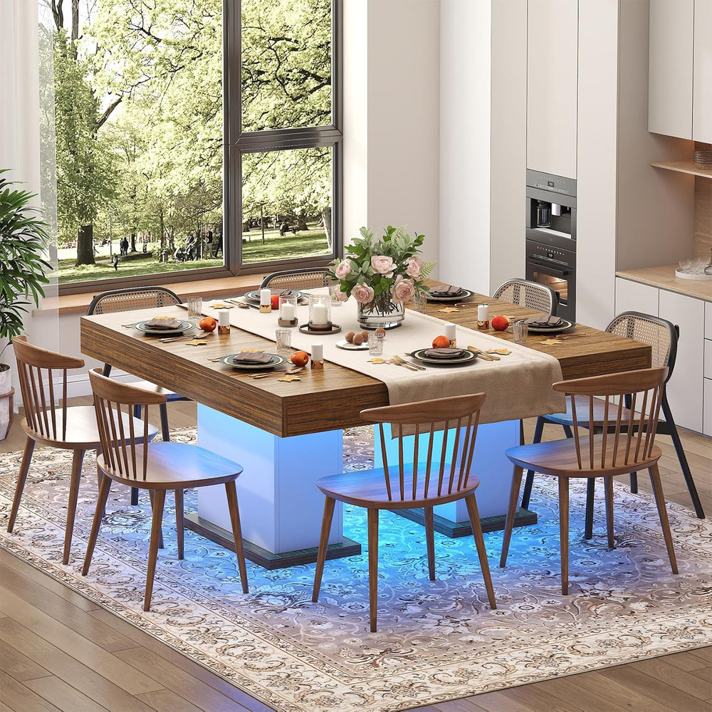 Dining Table with Drawers for 4-6 People, 55 Inches Dinner Table with Led Lig...