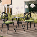 NUU GARDEN 3 Piece Outdoor Bistro Set Cast Aluminum Patio Set Bistro Table Set Rustproof Patio Table and Chairs with Umbrella Hole and Green Cushions for Backyard, Balcony, Porch, Black