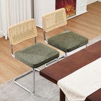 Zesthouse Natural Rattan Dining Chairs Set of 6, Mid Century Modern Dining Chairs with Solid Wood Back & Chrome Base, for Kitchen Living Room, Breuer Design Inspired, Upholstered Linen Fabric, Green